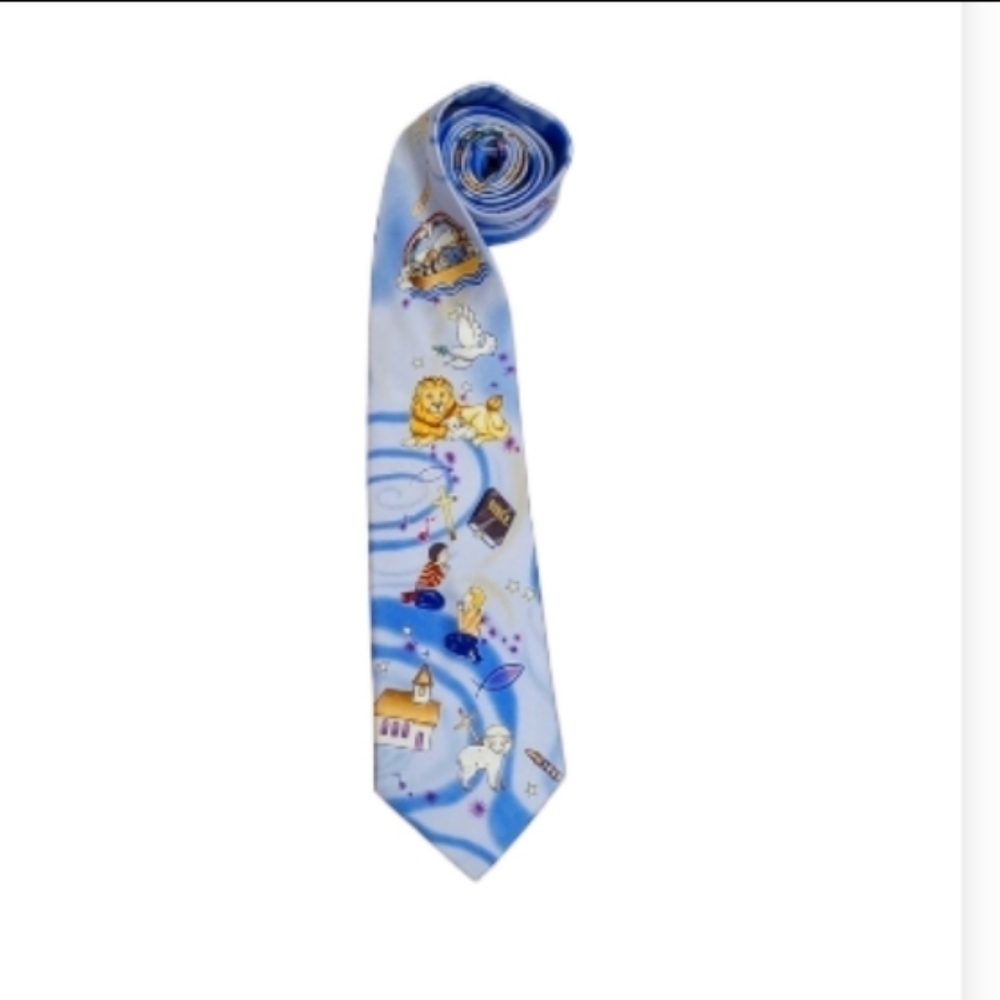 Bible Stories Blue Silk Tie, Jonah, Noah, Lion &  Lamb, Crosses and More 61 x 4